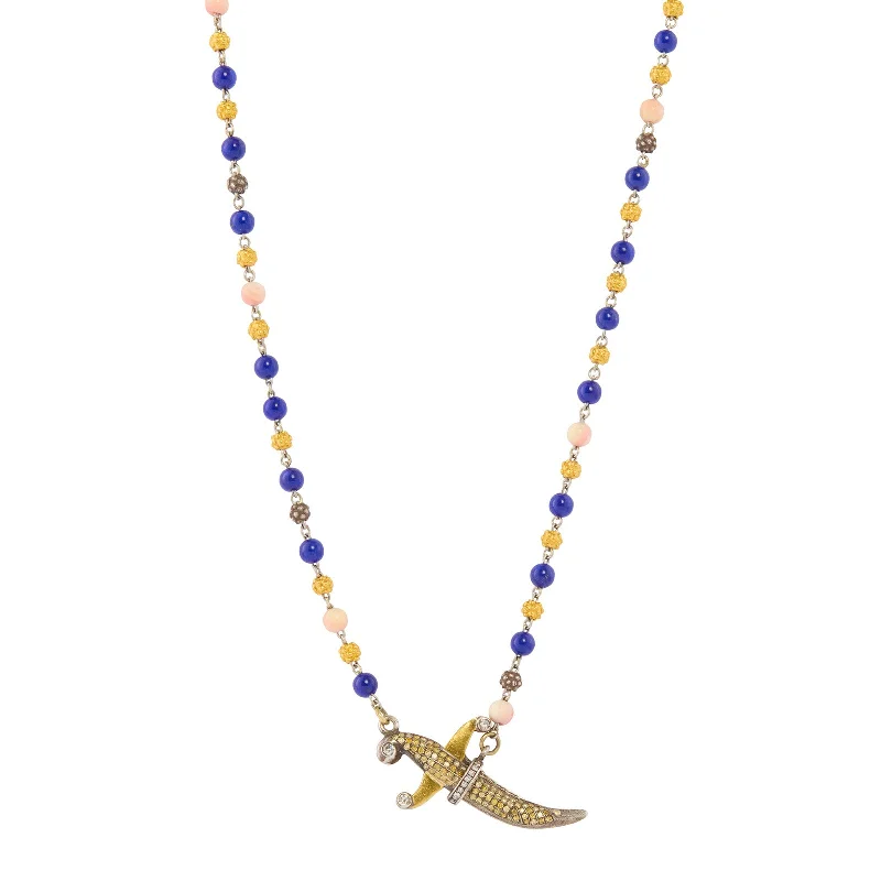 Unique necklaces and pendants with engraved messages for a sentimental gift-Lapis and Coral Dagger Necklace