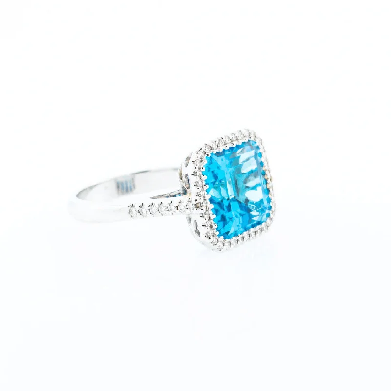 Women’s rings with black onyx for edge -Square Cushion Blue Topaz with Diamond Halo