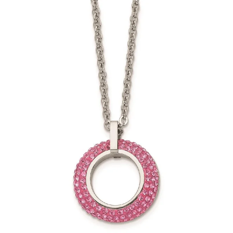 Trendy necklaces and pendants with statement pieces for a bold fashion statement-Stainless Steel Polished with Pink Crystal Circle Necklace