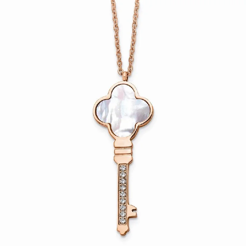 Unique necklaces and pendants with gemstones for a colorful and vibrant statement-Stainless Steel Rose IP-plated CZ & MOP Key w/ 2in ext Necklace