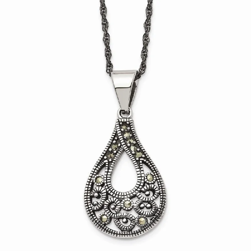 Necklaces and pendants with diamond pendants for a luxurious sparkling effect-Stainless Steel Textured Teardrop Marcasite Necklace