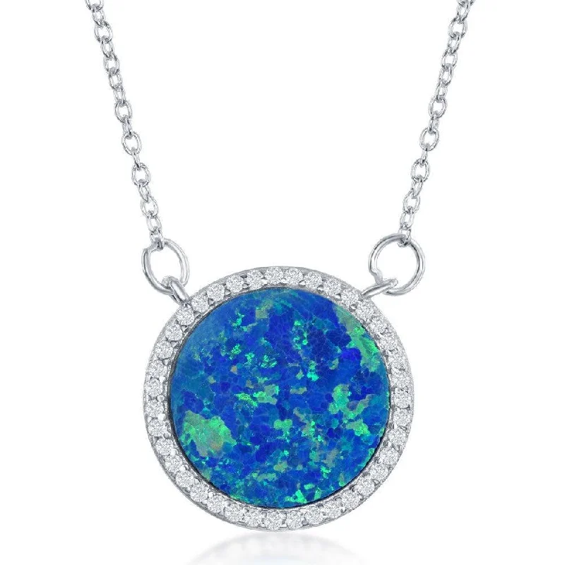 Best necklaces and pendants with cross pendants for a spiritual, meaningful symbol-Sterling Silver Blue Inlay Opal Circle with CZ Border Necklace