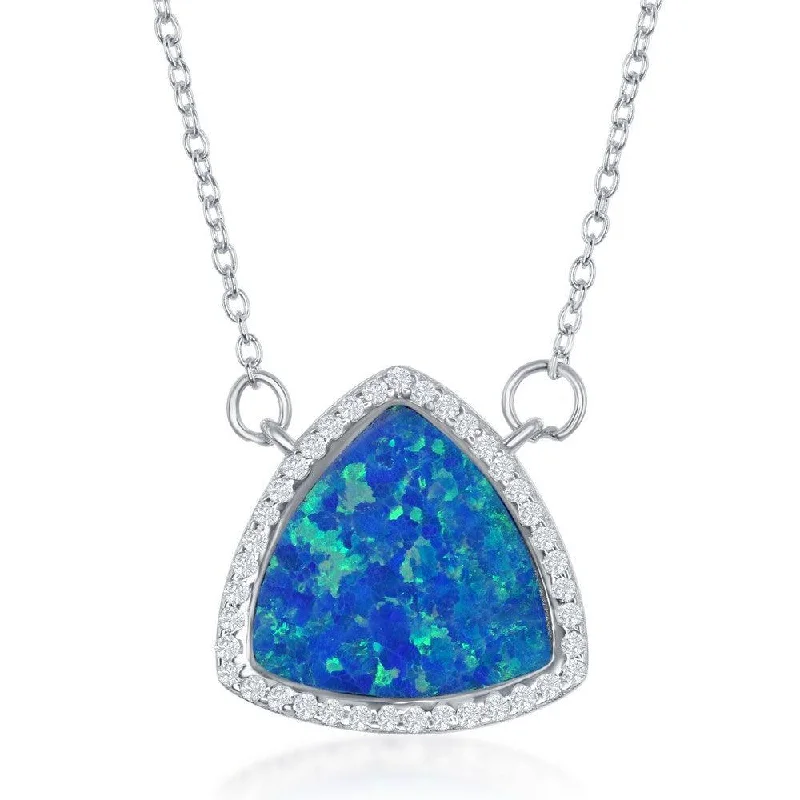 Best necklaces and pendants with statement designs for a fashionable accessory-Sterling Silver Blue Inlay Opal Triangle with CZ Border Necklace