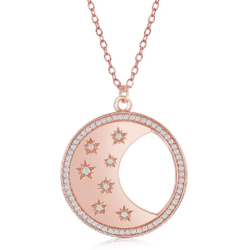 Elegant necklaces and pendants with diamond accents for added sparkle-Sterling Silver Circle with Moon and Center CZ Stars Necklace