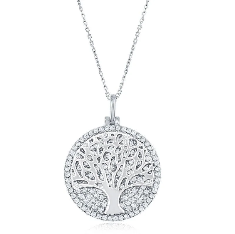 Stunning necklaces and pendants with chakra stones for healing and balance-Sterling Silver Micro Pave Disc with Center Tree of Life Necklace