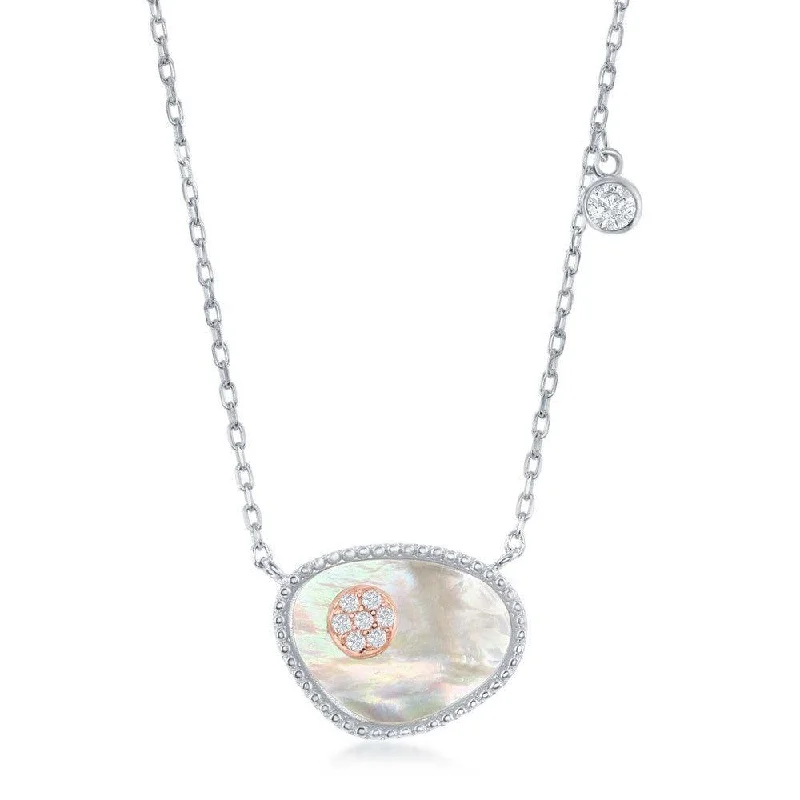 Necklaces and pendants with ocean-inspired designs for a refreshing, beachy feel-Sterling Silver Oval MOP and RG CZ Circle with Single CZ Necklace