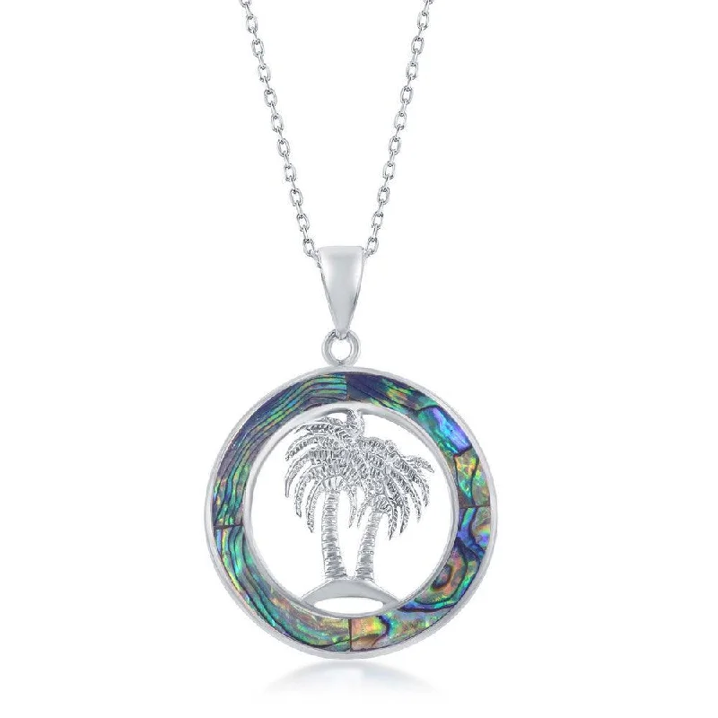 Trendy necklaces and pendants with geometric shapes for a modern aesthetic-Sterling Silver Palm Trees Abalone Pendant Chain