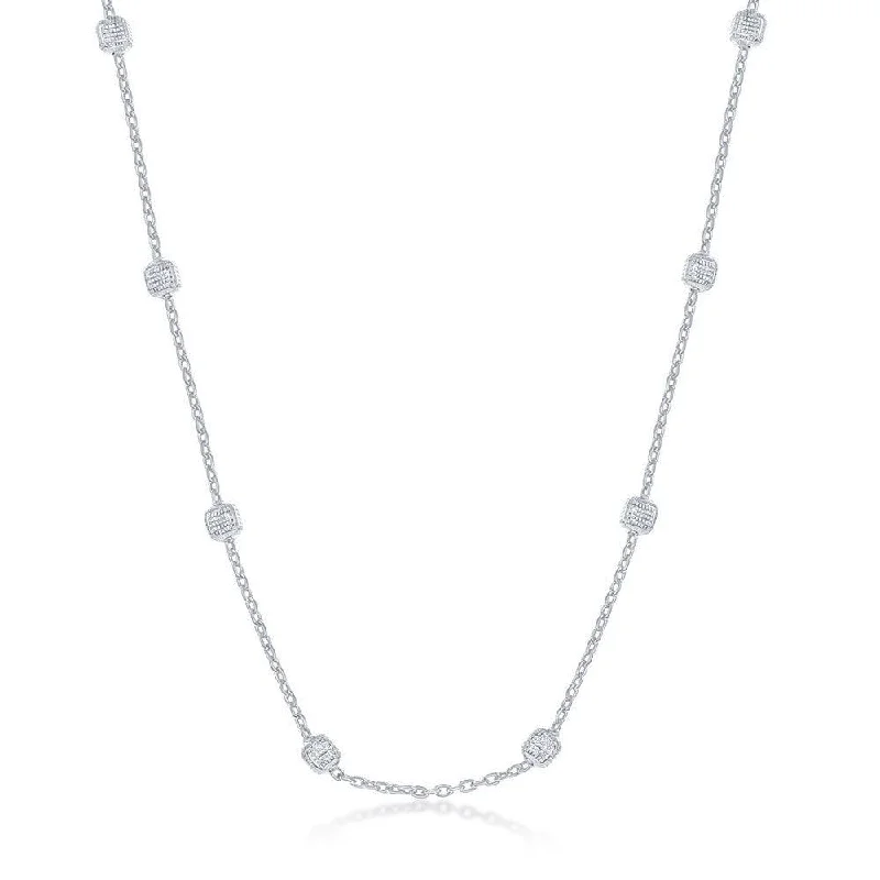 Necklaces and pendants with lock and key designs for a symbolic gesture-Sterling Silver Rhodium Plated Grid Square Beaded Chain, 16"