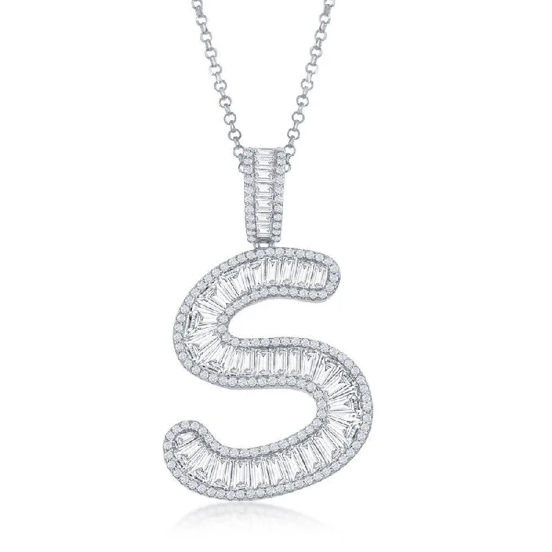 Best necklaces and pendants with intertwined designs for a symbol of unity-Sterling Silver S Initial Baguette CZ Pendant Chain