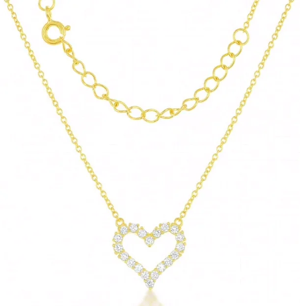 Stunning necklaces and pendants with jade gemstones for a calming green hue-Sterling Silver Yellow Gold-Plated Open CZ Heart Necklace 16-18"