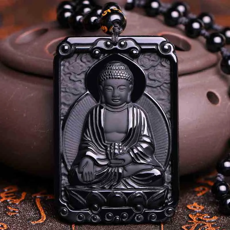 Necklaces and pendants with clear quartz for a pure and radiant look-Varada Buddha Obsidian Amulet